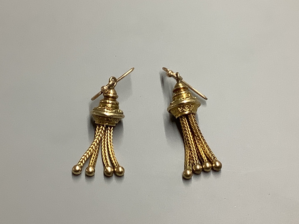 A pair of yellow metal tassel drop earrings, 32mm, 7.7 grams.